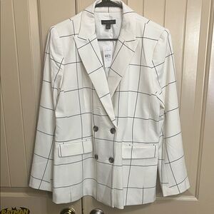 Anne Klein White Windowpane Double-Breasted Blazer with Black Grid